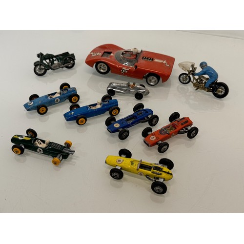 212 - A Scalextric slot car and a group of die cast single seat racing motor cars and motorcycle toys. Din... 