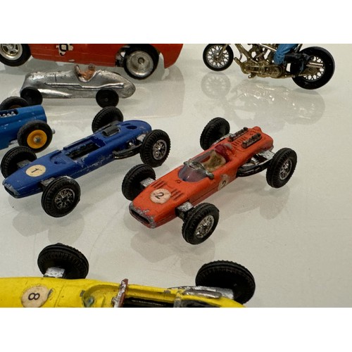 212 - A Scalextric slot car and a group of die cast single seat racing motor cars and motorcycle toys. Din... 