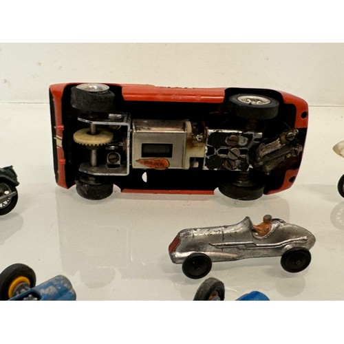 212 - A Scalextric slot car and a group of die cast single seat racing motor cars and motorcycle toys. Din... 