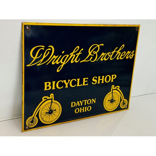 238 - Aeronautical Cycling interest, an enamel advertising sign, Wright Brothers Bicycle Shop 30.5 cm  x 2... 