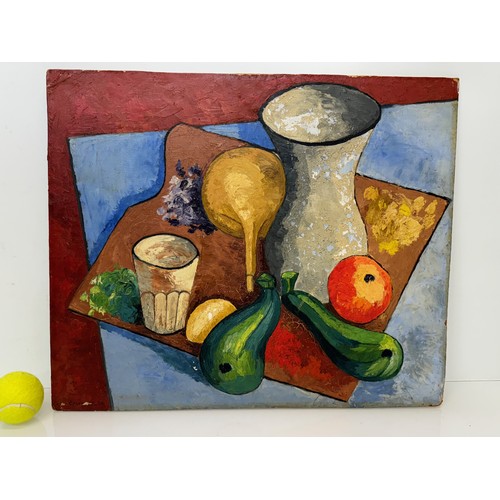 50 - French mid century art, Oil on board still life with fruits and vegetables by Robert Chiazzo, artist... 