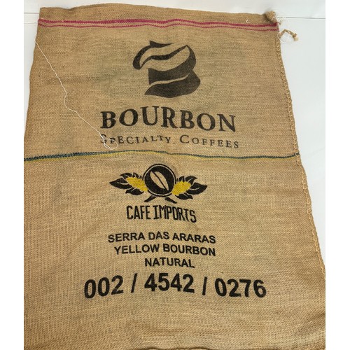 232 - Vintage hessian sack advertising Cafes do Brazil, Bourbon brand, 95 cm x 71 cm.

This lot is availab... 