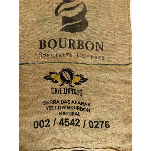 232 - Vintage hessian sack advertising Cafes do Brazil, Bourbon brand, 95 cm x 71 cm.

This lot is availab... 