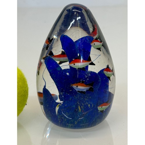 259 - Mid-century designer art glass, a conical shaped glass  with tropical fish amongst blue rocks, 7.5 c... 