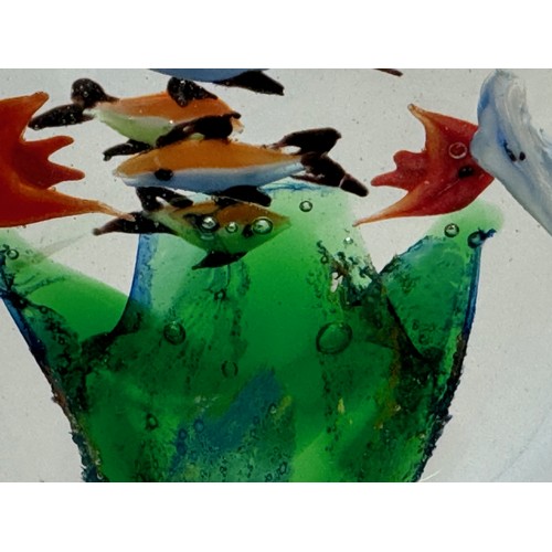 260 - Mid-century designer art glass, a  large glass ornamental piece featuring tropical fish amongst gree... 