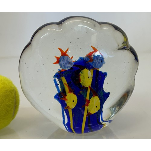 261 - Mid-century designer art glass, a large glass ornamental piece featuers tropical fish amongst Blue C... 