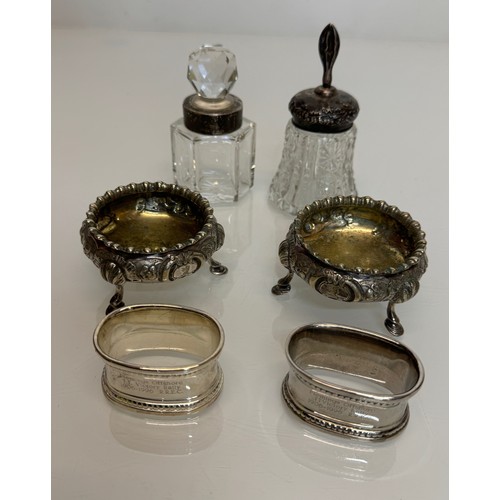 348 - Mixed lot, hall marked silver etc, includes a pair of table salts and a perfume bottle. 

This lot i... 