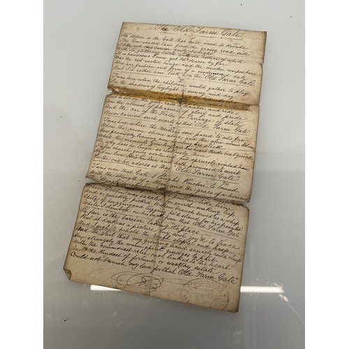 492 - Hand written C19th century poem, a version of Eliza Cook’s The Old Farm Gate with an agents stamp at... 