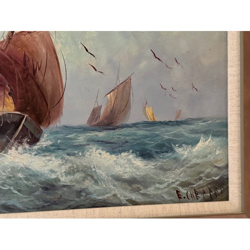 45 - C20th Maritime painting, a pair of impressionist oils of fishing boats at work.
Signed E Chester.

T... 