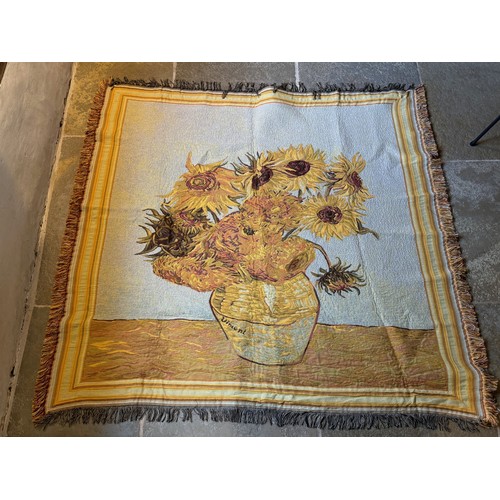 66 - Van Gogh, art, a large kitsch woven textile panel illustrated with a study of Sunflowers signed Vinc... 