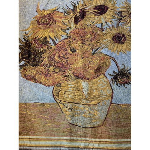 66 - Van Gogh, art, a large kitsch woven textile panel illustrated with a study of Sunflowers signed Vinc... 