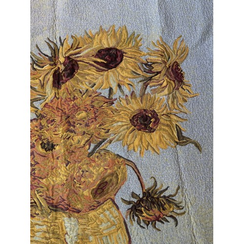 66 - Van Gogh, art, a large kitsch woven textile panel illustrated with a study of Sunflowers signed Vinc... 