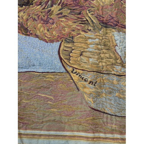 66 - Van Gogh, art, a large kitsch woven textile panel illustrated with a study of Sunflowers signed Vinc... 