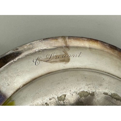 194 - White metal platter, engraved with a name and with continental marks, 30 cm in diameter.

This lot i... 