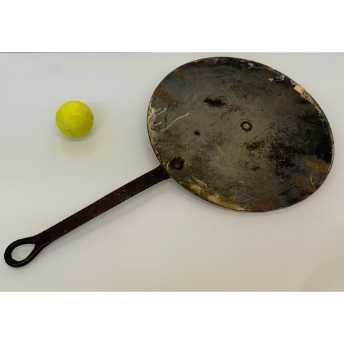 20 - Kitchenalia, large copper pan lid with a wrought iron handle, 35 cm diameter x 63 cm long.

This lot... 