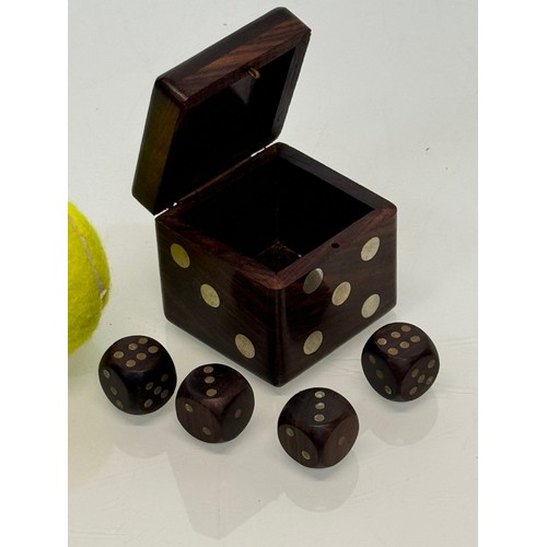 374 - Gambling, gaming interest, a wooden Dice form box, a hardwood box inlaid in the form of a dice conta... 