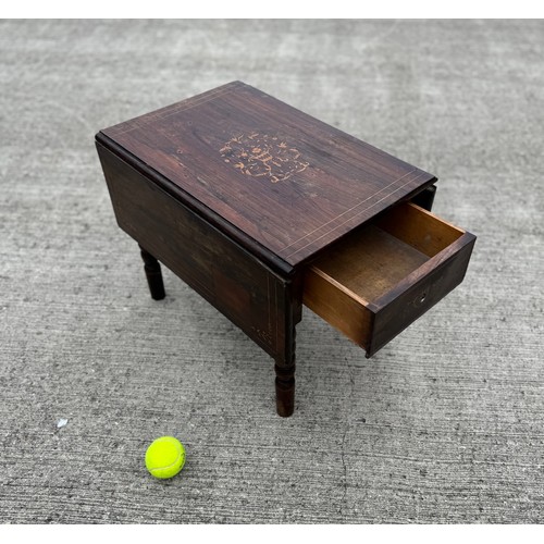 85 - Victorian Inlaid hardwood single drawer drop leaf side table on bobbin turned legs, 50 cm x 36 cm ea... 