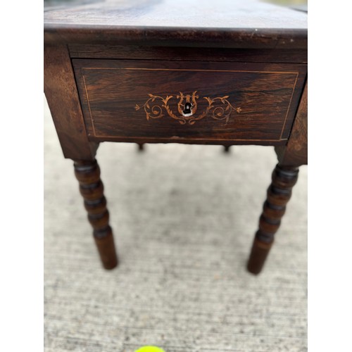 85 - Victorian Inlaid hardwood single drawer drop leaf side table on bobbin turned legs, 50 cm x 36 cm ea... 