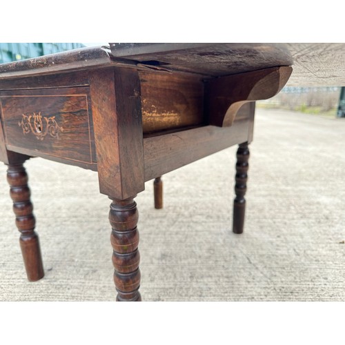 85 - Victorian Inlaid hardwood single drawer drop leaf side table on bobbin turned legs, 50 cm x 36 cm ea... 