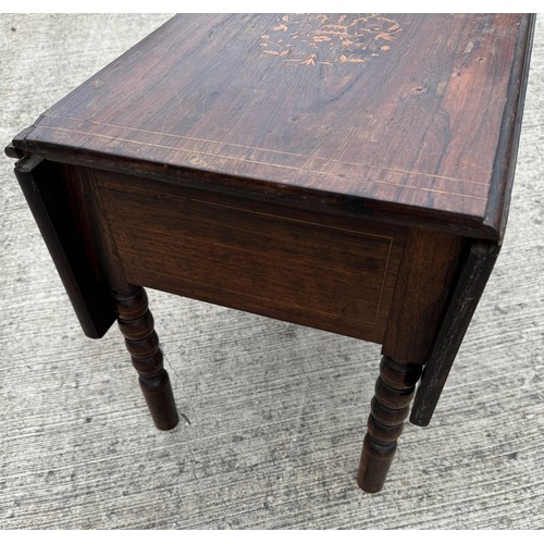 85 - Victorian Inlaid hardwood single drawer drop leaf side table on bobbin turned legs, 50 cm x 36 cm ea... 