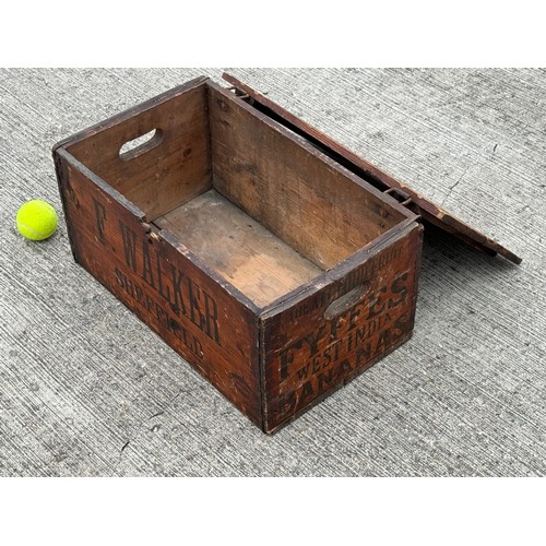 87 - Wooden storage box, a rare early C20th banana shipping crate retaining its lid, marked for a Sheffie... 