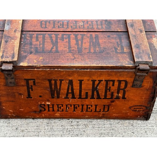 87 - Wooden storage box, a rare early C20th banana shipping crate retaining its lid, marked for a Sheffie... 