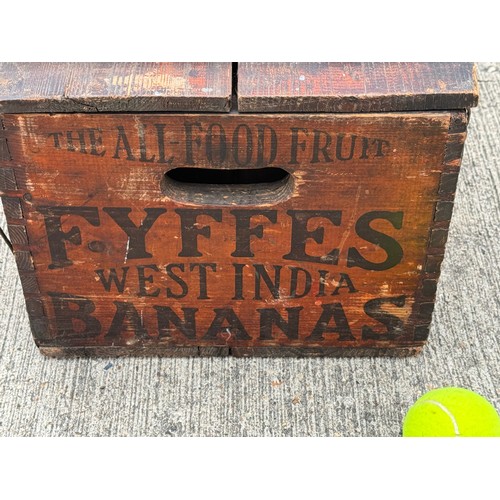 87 - Wooden storage box, a rare early C20th banana shipping crate retaining its lid, marked for a Sheffie... 