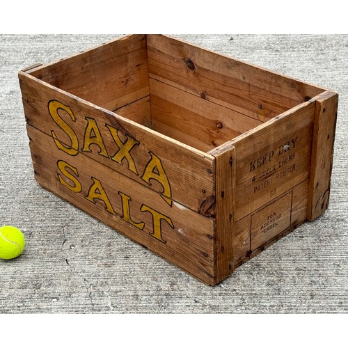 88 - Wooden transportation box advertising Saxa salt,  56 cm x 36 cm x 28 cm high.

This lot is available... 