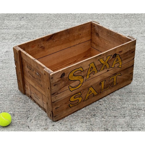 88 - Wooden transportation box advertising Saxa salt,  56 cm x 36 cm x 28 cm high.

This lot is available... 