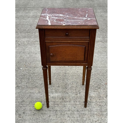 90 - A marble topped oak bed side table, French country furniture. 41 cm x 36 cm x 79 cm tall.