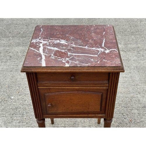 90 - A marble topped oak bed side table, French country furniture. 41 cm x 36 cm x 79 cm tall.