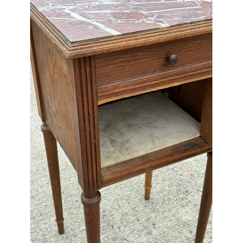 90 - A marble topped oak bed side table, French country furniture. 41 cm x 36 cm x 79 cm tall.