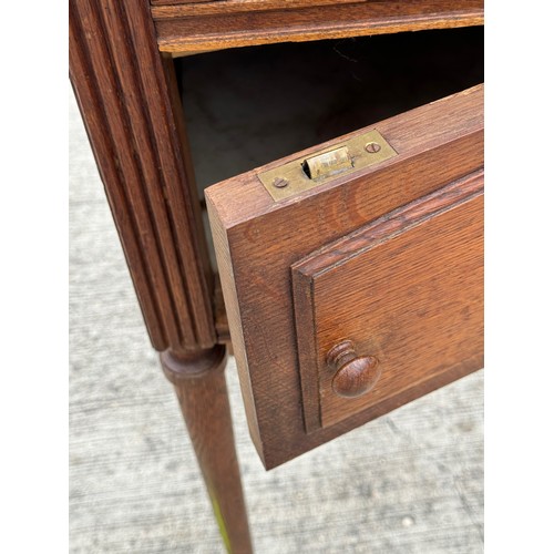 90 - A marble topped oak bed side table, French country furniture. 41 cm x 36 cm x 79 cm tall.