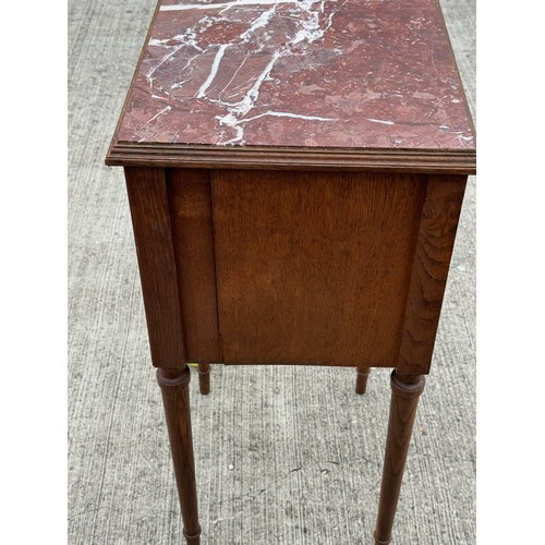 90 - A marble topped oak bed side table, French country furniture. 41 cm x 36 cm x 79 cm tall.