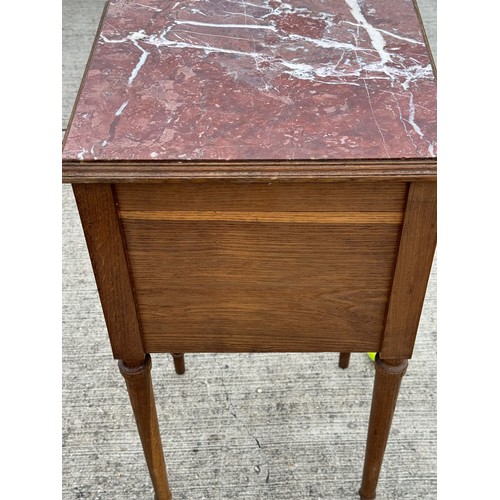 90 - A marble topped oak bed side table, French country furniture. 41 cm x 36 cm x 79 cm tall.