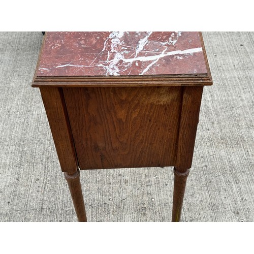 90 - A marble topped oak bed side table, French country furniture. 41 cm x 36 cm x 79 cm tall.