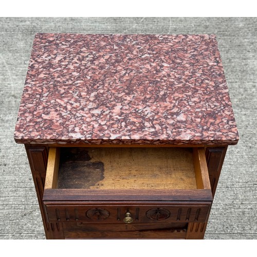 101 - French country furniture, a marble topped walnut bedside cupboard on raised legs, with an undershelf... 