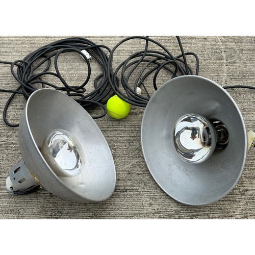 161 - Pair of industrial aluminium ceiling light units with spun aluminum shades.

This lot is available f... 