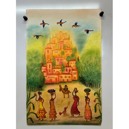 359 - Naive ethnic folk art, a colour full Caribbean scene on water colour paper. 50 cm. x 32.5 cm.

This ... 