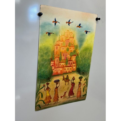 359 - Naive ethnic folk art, a colour full Caribbean scene on water colour paper. 50 cm. x 32.5 cm.

This ... 