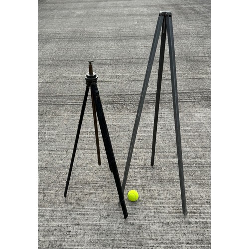 366 - Two metal tripod stands, for cameras or scientific equipment. 104 cm and 88 cm tall respectfully.

T... 