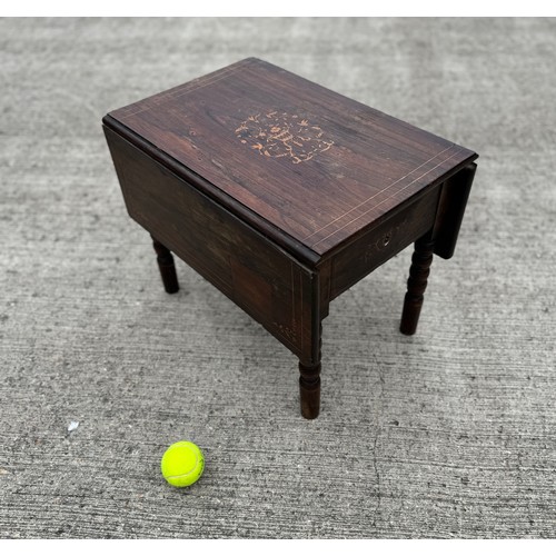 184 - Victorian Inlaid hardwood single drawer drop leaf side table on bobbin turned legs, 50 cm x 36 cm ea... 