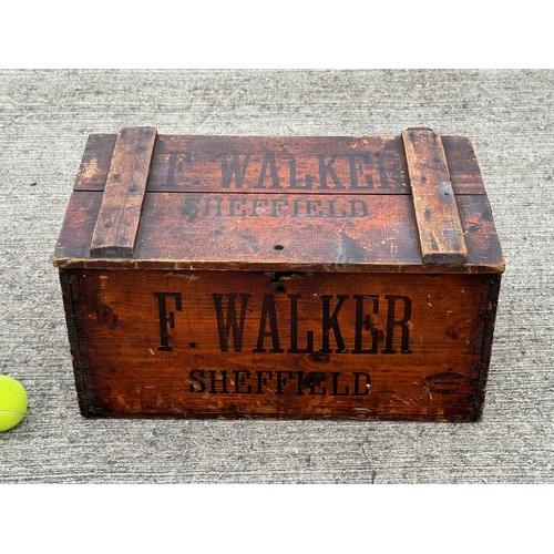 186 - Wooden storage box, a rare early C20th banana shipping crate retaining its lid, marked for a Sheffie... 