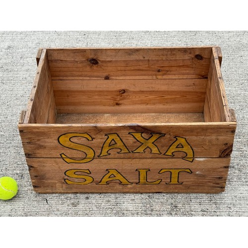 187 - Wooden transportation box advertising Saxa salt,  56 cm x 36 cm x 28 cm high.

This lot is available... 