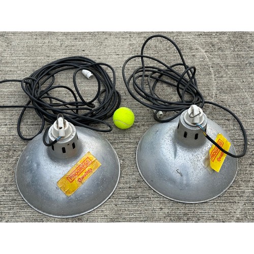 377 - Pair of industrial aluminium ceiling light units with spun aluminum shades.

This lot is available f... 