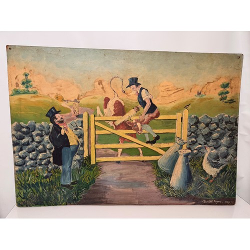 30 - Painting, a humorous naive oil on board scene of a couple of country fellows liberating a cow stuck ... 