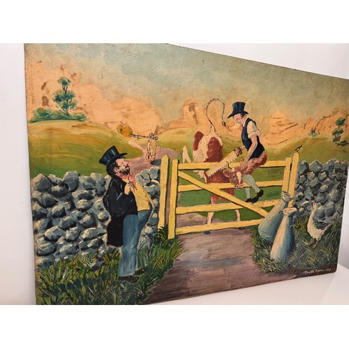 30 - Painting, a humorous naive oil on board scene of a couple of country fellows liberating a cow stuck ... 