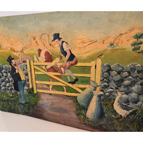 30 - Painting, a humorous naive oil on board scene of a couple of country fellows liberating a cow stuck ... 