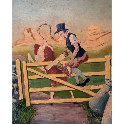 30 - Painting, a humorous naive oil on board scene of a couple of country fellows liberating a cow stuck ... 