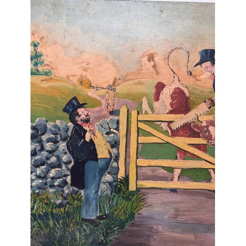 30 - Painting, a humorous naive oil on board scene of a couple of country fellows liberating a cow stuck ... 